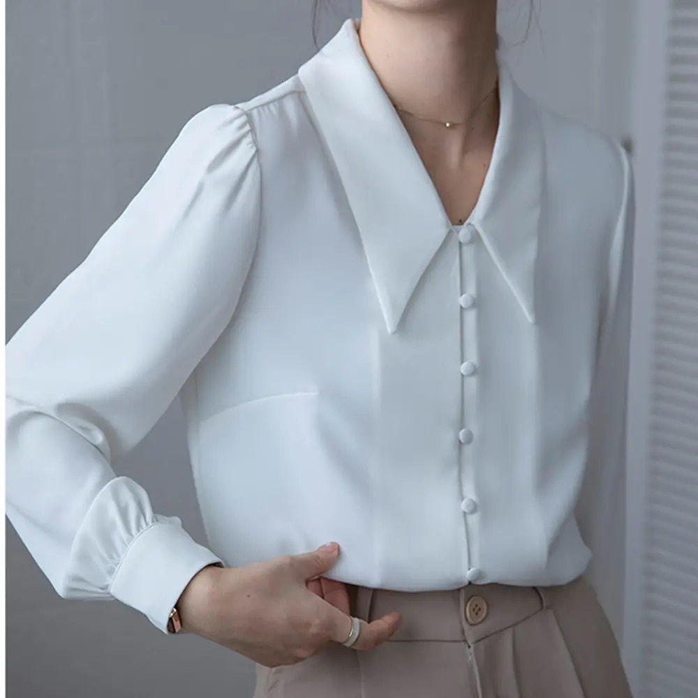 Elegant White Button-Front Blouse with Wide Collar β Minimalist Chic